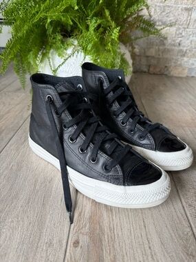 Converse All Star Leather Women Black Hi Top Sneakers
